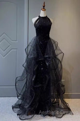 Vintage A Line Halter Black Party Dresses Sequin Evening Prom Dresses
